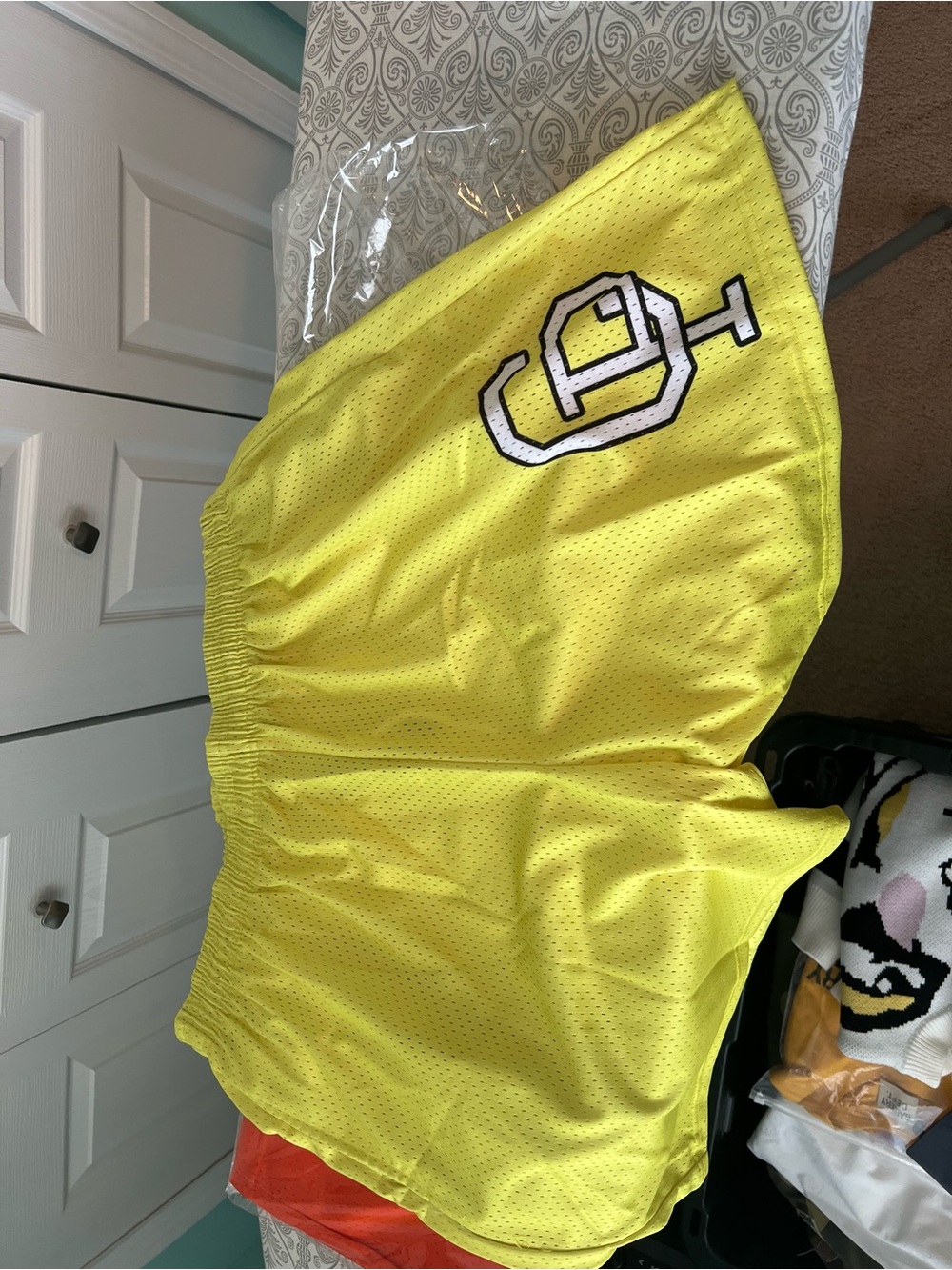 Neon Yellow Athletic Mesh Shorts with White Logo